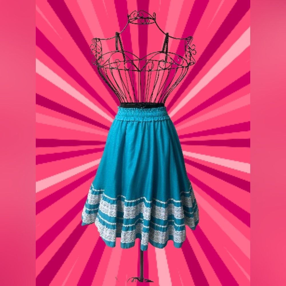 Teal Lace-Trim A-Line Skirt